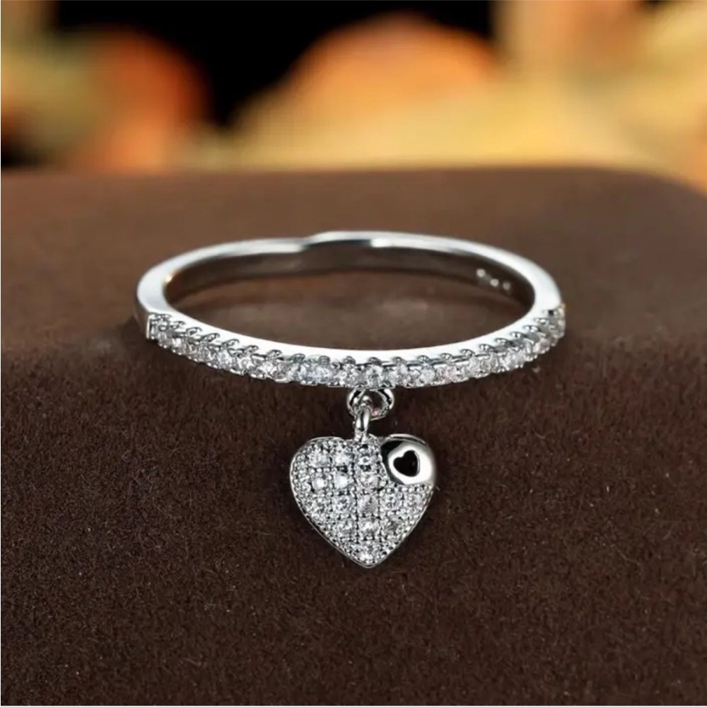 18K Gold Plated Heart Charm Pavé Ring with Dangle